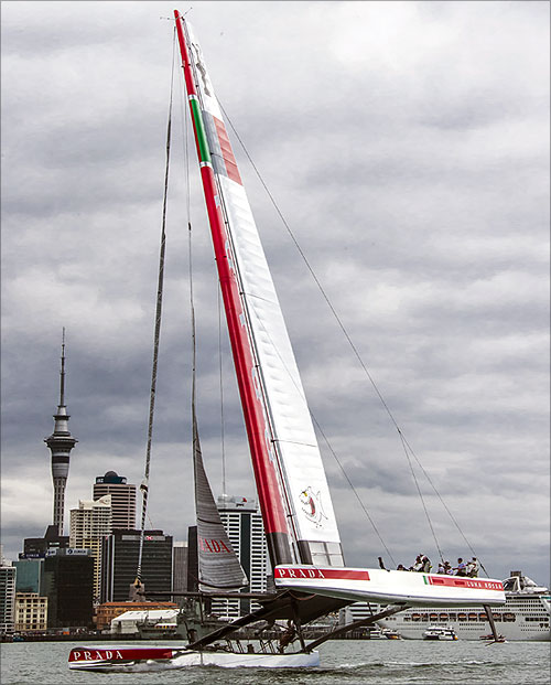 The Luna Rossa AC72 catamaran sails in the Hauraki Gulf in Auckland.