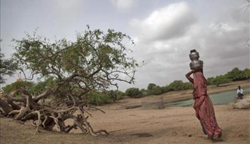 A woman carries metal pitchers filled with water from a nearby well at Badarganj village, in Gujarat.