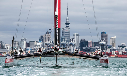 The Luna Rossa AC72 catamaran sails in the Hauraki Gulf in Auckland, New Zealand.
