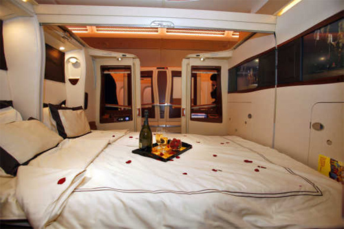 A view of inside the first-class twin cabin section of the Singapore Airlines Airbus A380 in Toulouse, France.