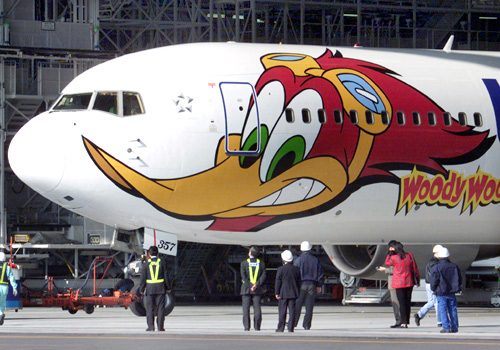 Cartoon character Woody Woodpecker adorns an All Nippon Airways Boeing 767.