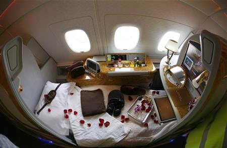 A first class seat is seen on board an Emirates Airbus A380-800 after it landed at Manchester Airport in Manchester.