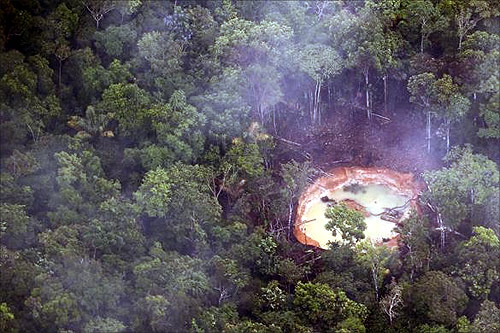 An aerial view shows an illegal mine in the jungle,south of Venezuela.