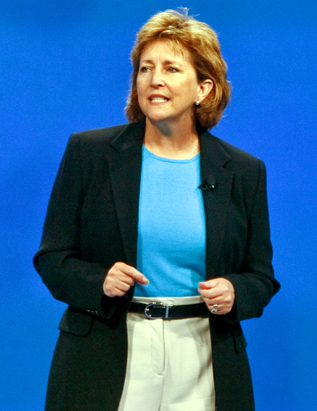 Susan Chambers, executive vice president of People Division at Wal-Mart, speaks to shareholders during the company's annual general meeting in Fayetteville, Arkansas.