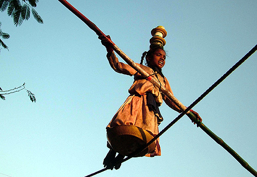 Gita, walks on a rope to earn her living on a street of Bhopal.