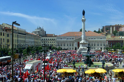 Thousands of Portuguese workers stage a march to protest against the center-right government's austerity policies in Lisbon.
