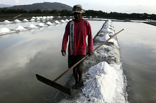 A worker walks at a salt field at Palibelo village, on the outskirts of Bima, on Indonesia's Sumbawa island.