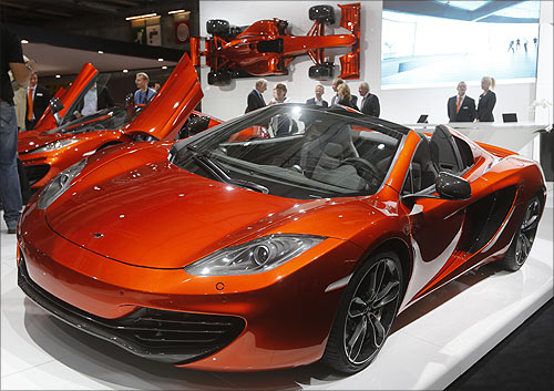 McLaren 12C Spider car is displayed on media day at the Paris Mondial de l'Automobile.