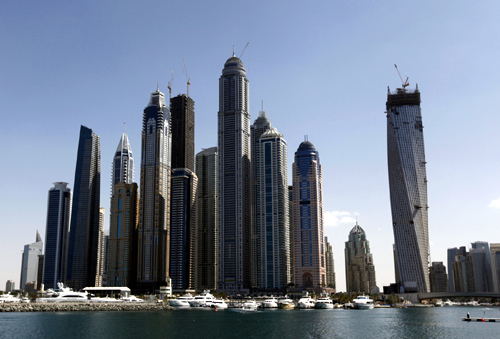 High rise towers are seen near the Dubai Marina in Dubai.