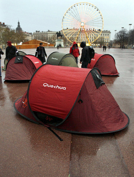 Tents for homeless people are set up in central Lyon.