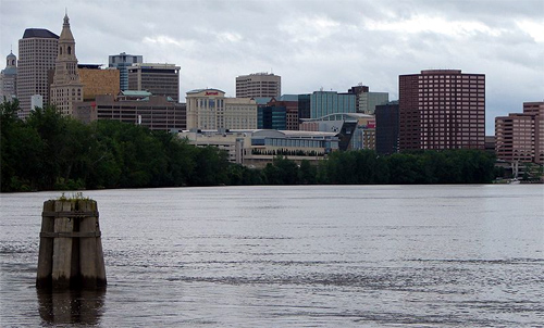 Hartford from the south on the Connecticut River.