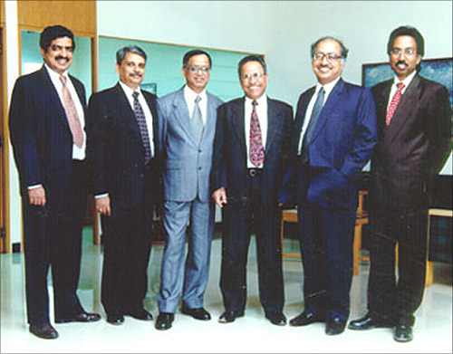 Infosys founders, L-R: Nandan Nilekani, S Gopalakrishnan, N R Narayana Murthy, K Dinesh, N S Raghavan and S D Shibulal.
