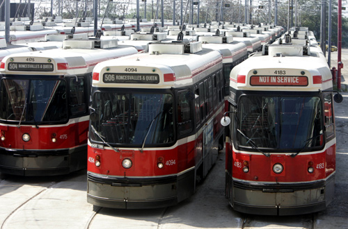 Toronto Transit Committee (TTC) streetcars are lined up in a yard after a wildcat strike by maintenance workers shut down public transit in Toronto.