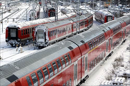 Trains are parked outside of the central station in Munich during heavy snowfalls in whole Bavaria.