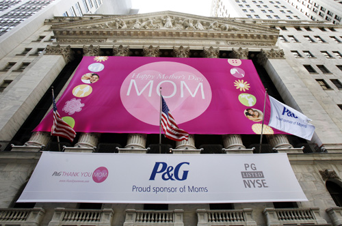 Procter and Gamble trademark is seen hanging outside the New York Stock Exchange in New York.