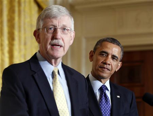 US President Barack Obama is introduced by American physician-geneticist Francis Collins at the White House.