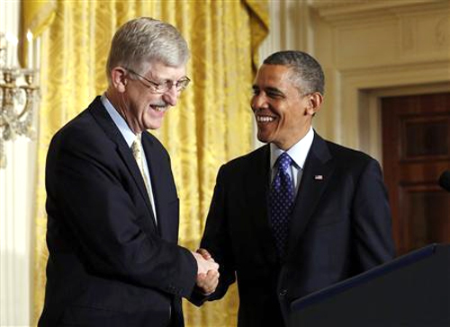 U.S. President Barack Obama with American physician-geneticist Francis Collins at the White House.