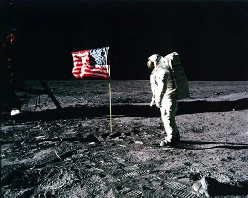 United States astronaut Buzz Aldrin salutes the American flag on the surface of the Moon after he and fellow astronaut Neil Armstrong became the first men to land on the Moon during the Apollo 11 space mission July 20, 1969.