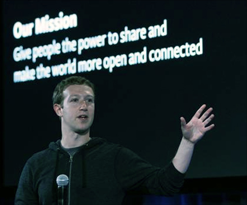 Mark Zuckerberg, Facebook's co-founder and chief executive speaks during a Facebook press event in Menlo Park.