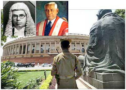 The Indian Parliament. Insets: R K Shanmukham Chetty (left) and John Mathai (left).