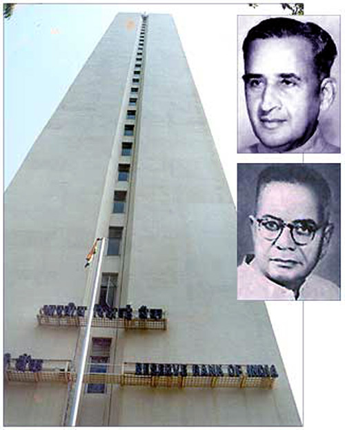 The Reserve Bank of India building in Mumbai. Insets: C D Deshmukh (top) and T T Krishnamchari (bottom).