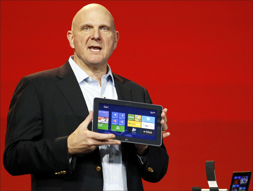 Microsoft CEO Steve Ballmer displays the new Windows Surface tablet at the Qualcomm pre-show keynote at the Consumer Electronics Show (CES) in Las Vegas January.