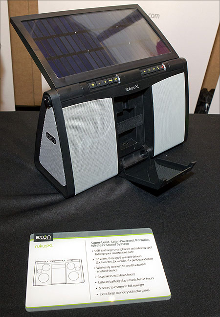 An Eton RukusXL solar powered boom box is displayed at the opening press event of the Consumer Electronics Show (CES) in Las Vegas.