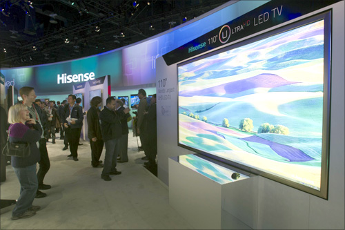 A Hisense 110-inch Ultra HD LED television, the world's largest, is displayed during the first day of the Consumer Electronics Show (CES) in Las Vegas.