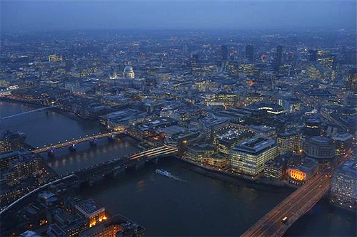 St Paul's cathedral and the financial district are seen at dusk in an aerial photograph from The View gallery at the Shard, western Europe's tallest building, in London.