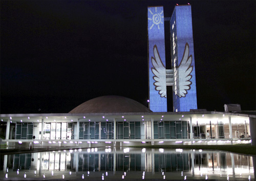 An image is projected on the towers of the National Congress during Culture Week in Brasilia.