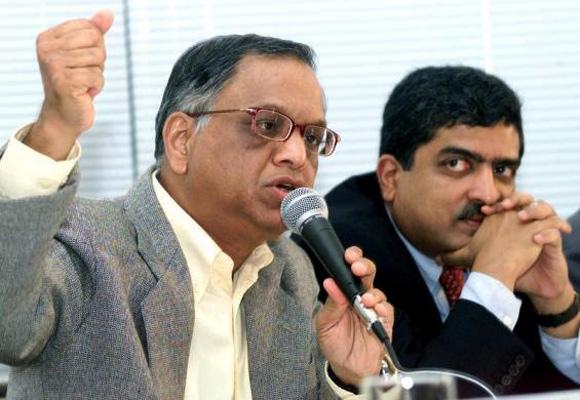 Infosys Co-founders N R Narayana Murthy, left, and Nandan Nilekani