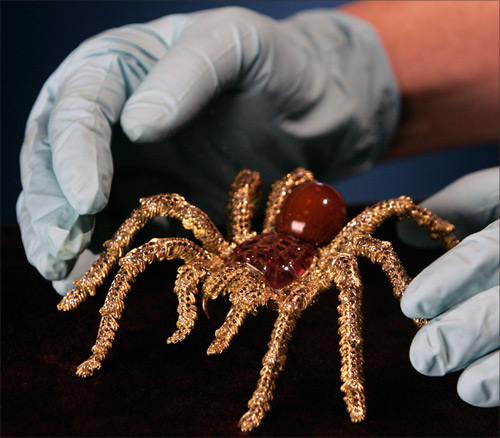 A Tarantula Brooch is positioned for display at a pearl exhibition in Sydney.