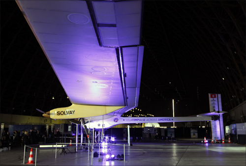 Solar Impulse aircraft is shown inside a hangar at Moffett Field in Mountain View, California.