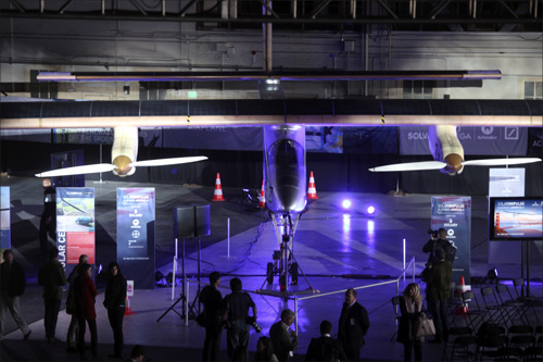 The Solar Impulse aircraft is shown in a hangar at Moffett Field in Mountain View, California.