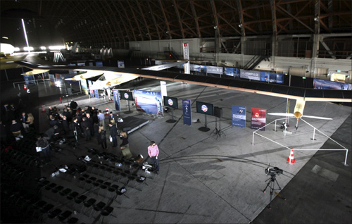 The Solar Impulse aircraft is shown at Moffett Field in Mountain View, California.