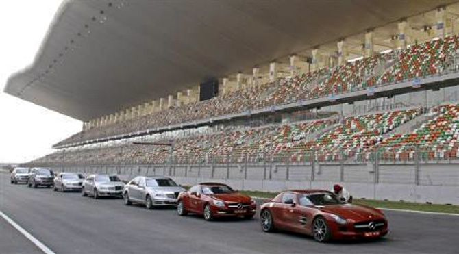 Cars are lined at the Buddh International Circuit, the venue for the first ever Indian Formula One race at Greater Noida, on the outskirts of Delhi.