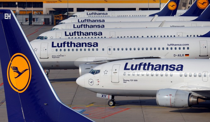 Aircraft of German airline Lufthansa are parked on the apron during a strike at Fraport airport in Frankfurt.