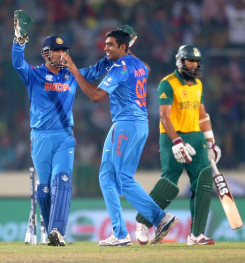 Ravichandran Ashwin celebrates after picking the wicket of Hashim Amla