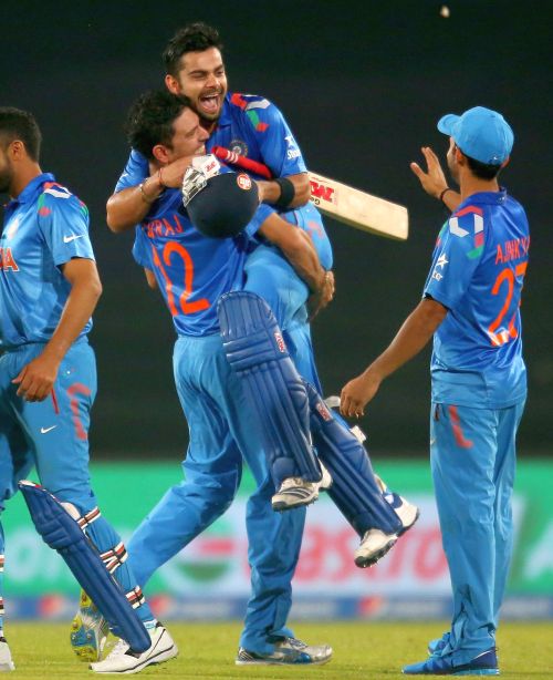 Virat Kohli celebrates after winning the game for India 
