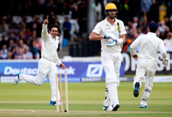 Saeed Ajmal celebrates after dismissing Kevin Pietersen