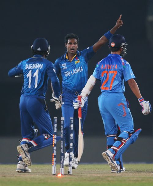 Angelo Mathews celebrates after dismissing Ajinkya Rahane 