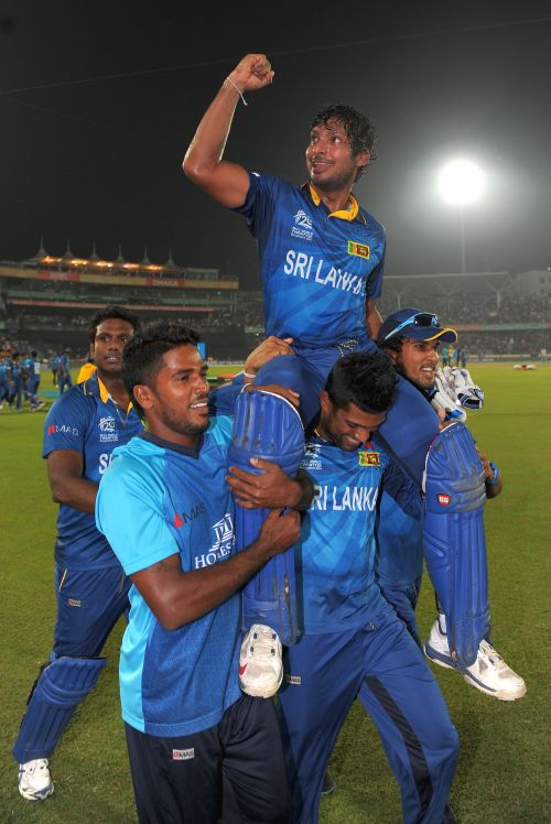 Kumar Sangakkara is chaired by teammates after winning the World T20