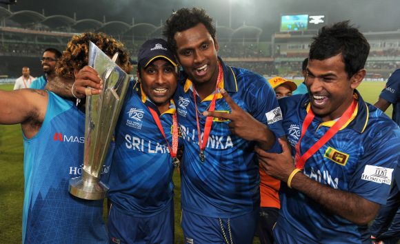 Nuwan Kulasekara, Lasith Malinga, Mahela Jayawardena and Angelo Mathews of Sri Lanka celebrate after winning the ICC World Twenty20