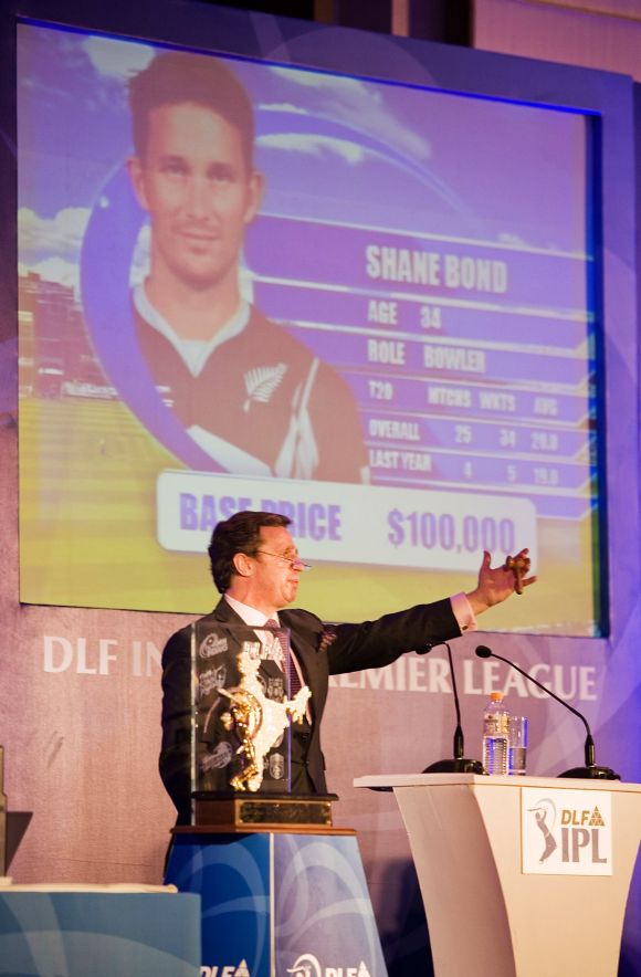 Richard Madley, the celebrity auctioneer, conducts the first IPL auction.
