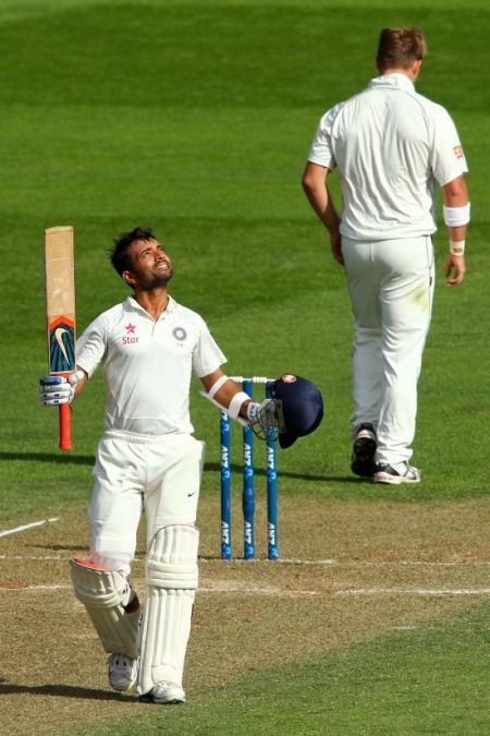 Ajinkya Rahane celebrates after scoreing a hundred in the second Test
