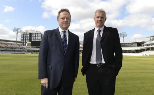 England's Peter Moores (R) poses for a photograph with Managing Director of England cricket Paul Downton 