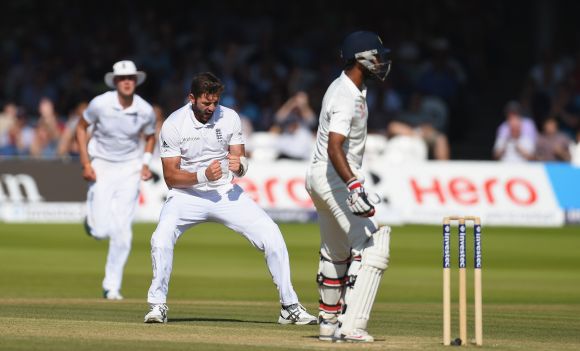England bowler Liam Plunkett celebrates after dismissing India batsman Cheteshwar Pujara 