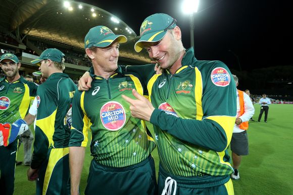 George Bailey celebrates with Michael Clarke of Australia after game five of the One Day International Series between Australia and England at Adelaide Oval 