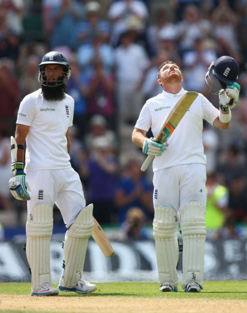 Ian Bell (R) of England celebrates reaching his century alongside Moeen Ali (L) during day two of the 3rd Investec Test 