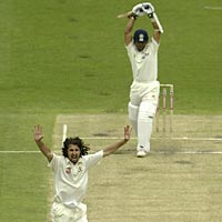 Jason Gillespie successfully appeals for the wicket of Sachin Tendulkar